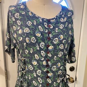 1990s Vintage Zontee Blue Floral Print Hippie Dress L
